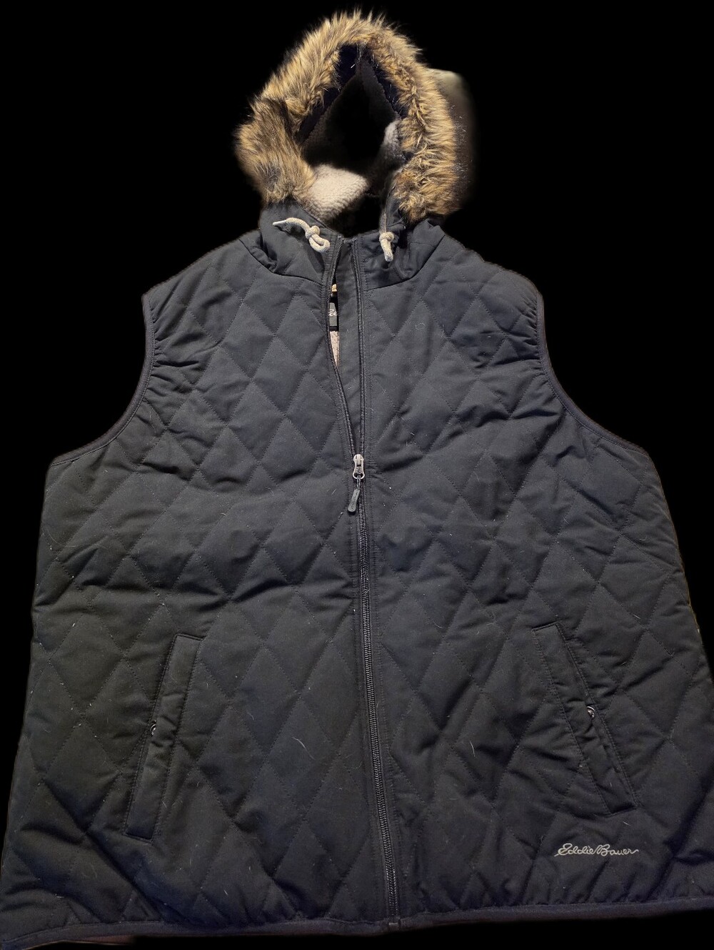 Eddie Bauer Black Quilted Hooded Vest with Faux-Fur Trim